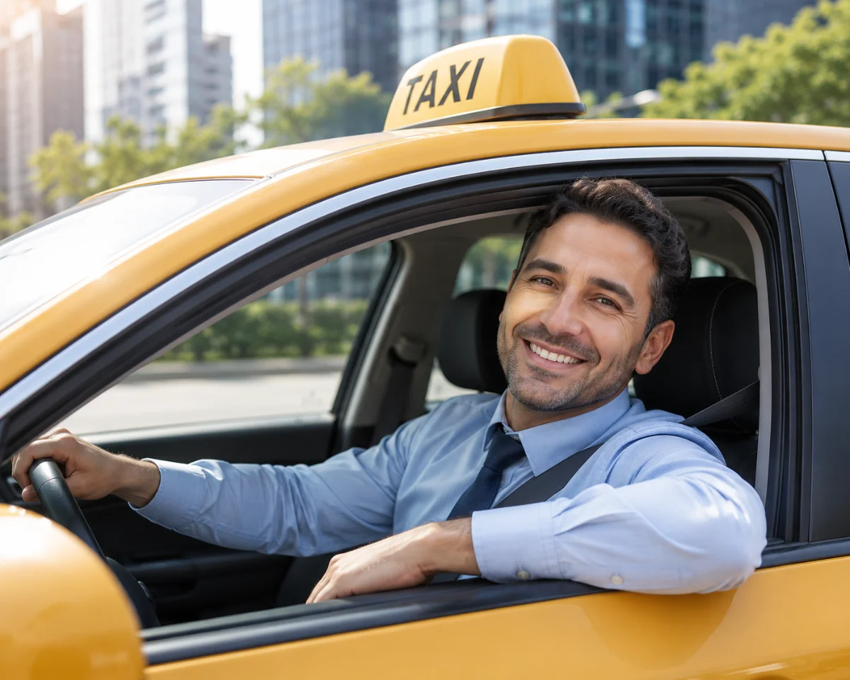 Foreign taxi driver smiling from the driver's seat